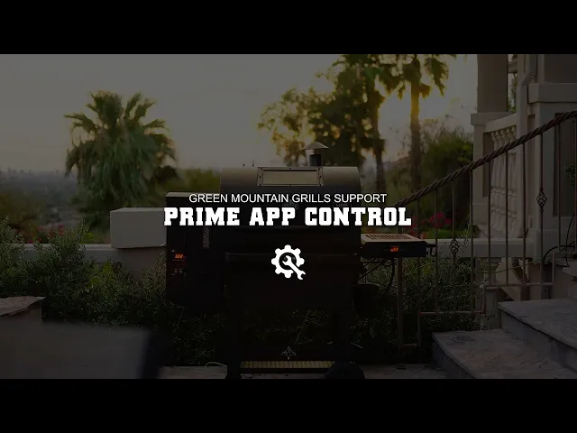 Green Mountain Grills TREK Prime 2.0 pellet grill in outdoor setting with palm trees, featuring text overlay for Prime App Control support.