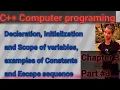 Declaration Initialization and Scope of variables examples of Constants and Escape sequence