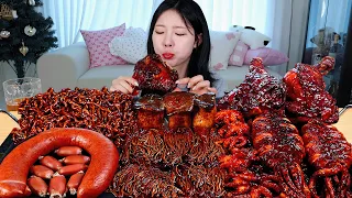 ASMR MUKBANG| 직접 만든 불닭 짜장 버섯 양념치킨 소세지 쭈꾸미 오징어 먹방 & 레시피 SPICY MUSHROOMS AND FIRE NOODLES EATING