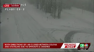 California storm coverage Spinouts crashes close I-80 12 p m Feb 16 2026