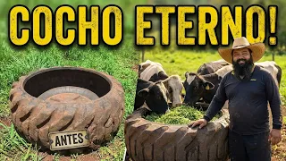 fazendo um cocho de pneu de trator para tratar o gado
