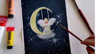 MOON AND ANGEL ACRYLIC PAINTING FOR BEGINNERS /easy painting/ La luna y angel pintura acrilica