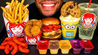 ASMR WENDY S CHICKEN NUGGETS CHEESEBURGERS FRIES VANILLA FROSTY COOKIE MUKBANG EATING SHOW
