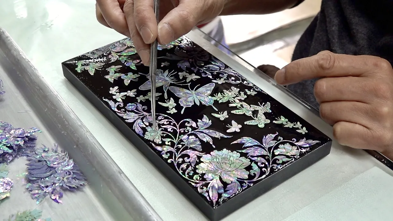 Process of Making Jewelry Box from Seashells. Korean Shellwork Master