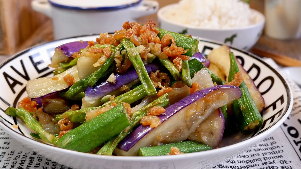 Restaurant-Style Stir-Fried Vegetables w/ Dried Shrimp  Chinese Long Bean Brinjal Okra Recipe