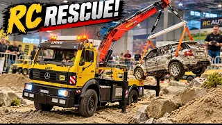 EPIC RC CAR RECOVERY!  Mercedes-Benz Tow Truck Rescues Overturned Car