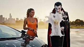 Beautiful girl With Vampire washes Lamborghini