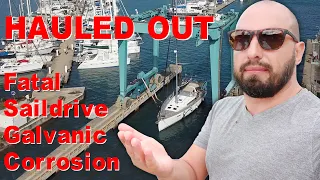 Hauled Out the boat. How travel lift operates. Saildrive totally damaged by galvanic corrosion.