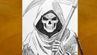 How To Draw Grim Reaper With Scythe | Realistic Dark Fantasy Skull Pencil Sketch Illustration