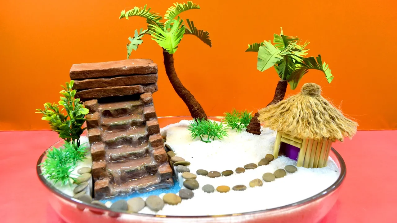 How to Make Beautiful Waterfall at Home with Beach - DIY Mini Waterfall Beach - Tabletop Waterfall