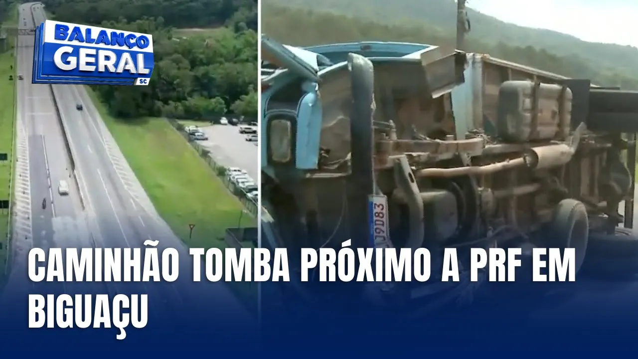 Caminhão tomba e causa lentidão na BR-101 em Biguaçu