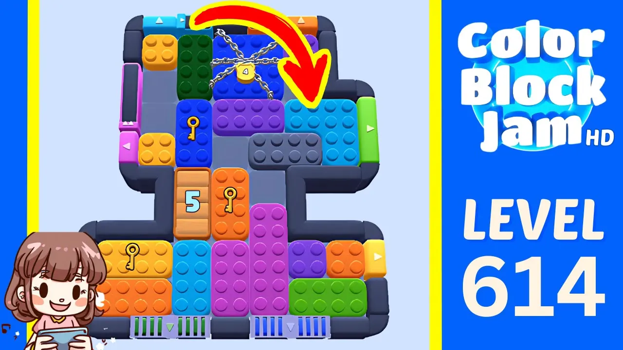 Color Block Jam Level 614 2:35 compact two-tier board with upper-center lock and countdown 5 opening frame