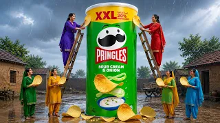 🌧️ Giant Pringles Challenge 😱 | Rainy Village Adventure ! #chips #pringles #food 