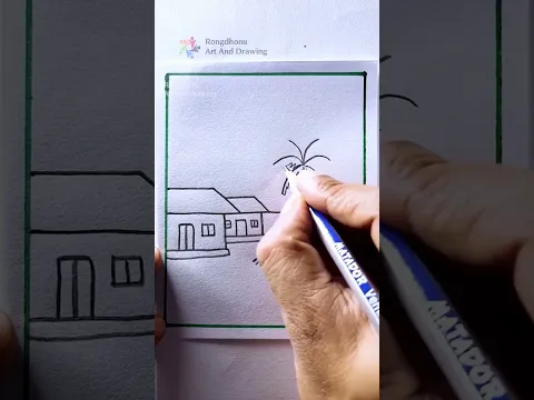 Easy Village Scenery Drawing with Pencil | Simple House & Coconut Tree