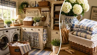 Cottage Laundry Room Charm Vintage Linens Baskets Blue Stripe Storage Ideas