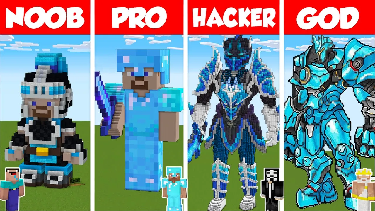 Minecraft REALISTIC PRO STATUE HOUSE BUILD CHALLENGE - NOOB vs PRO vs HACKER vs GOD / Animation
