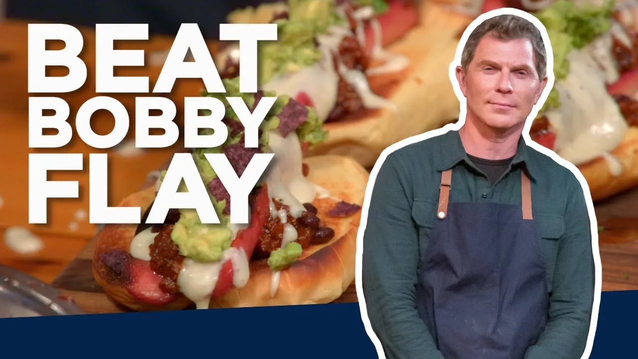 Bobby Flay Makes a Nacho Hot Dog   Beat Bobby Flay   Food Network