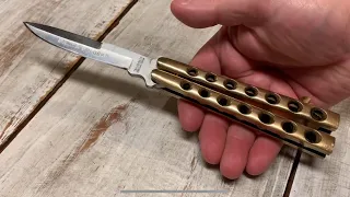 Taylor Seto Manila folder butterfly knife with brass handles and unique blade shape Balisong Japan