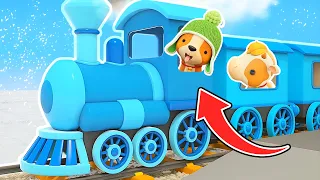 Trem colorido chegou na estação! Desenho animado infantil dos Veículos de serviço