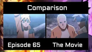 naruto and sasuke vs momoshiki comparison side by side boruto anime episode 65 vs the movie 