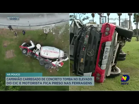 Caminhão carregado de concreto tomba em Florianópolis e motorista fica preso nas ferragens