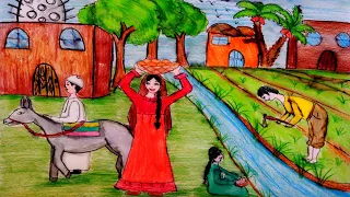 رسم الريف المصري خطوه بخطوه بالالوان الخشبيه رسم سهل 