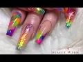 Colour block rainbow acrylic nails