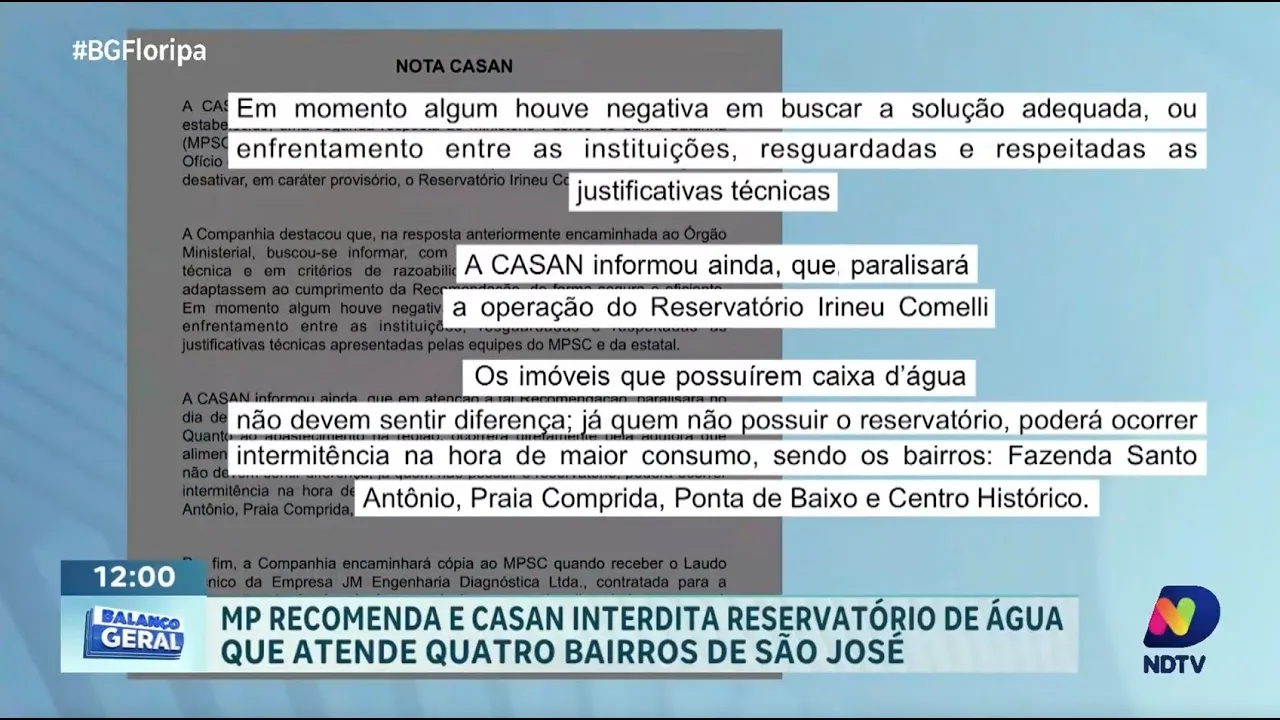 Reservatório de água em São José é interditado após recomendação do Ministério Público