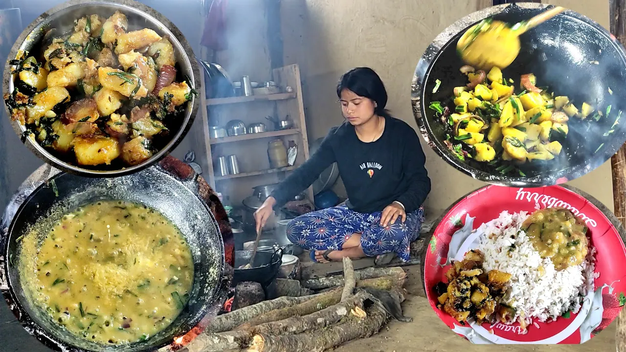 Potato fry & soup curry with rice in the village || Rural Nepal & Natural cooking ||