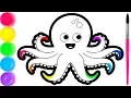 Glitter Rainbow Octopus coloring and drawing for Kids Toddlers