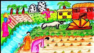 رسم عن الريف المصري بالالوان الخشبيه خطوة بخطوه رسم سهل 