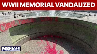 WWII Memorial vandalized shows woman spray-painting monument on National Mall