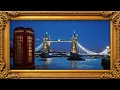 TV art London Blue Hour – Gold Frame, Tower Bridge, Red Phone Box, Rain & Thames, Seamless 1 Hour