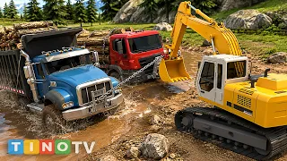2 Speeding Log Trucks CRASH Into Water Pit! 🚛🚧 Excavator Rescue & Road Construction Simulation