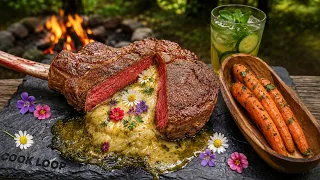 ultimate bushcraft feast flower infused tomahawk steak over open fire