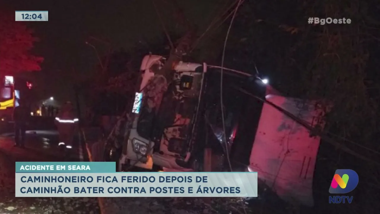 Seara: caminhoneiro fica ferido depois de caminhão bater contra postes e árvores