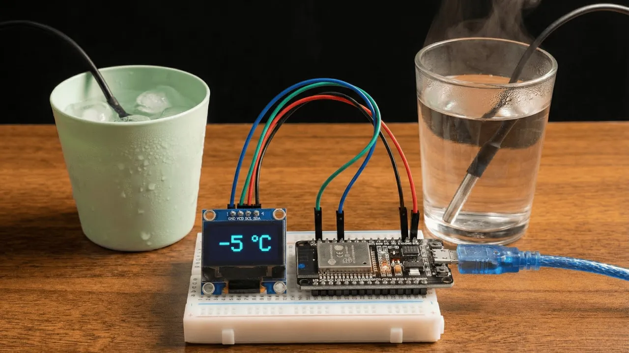 Temperature Monitoring with ESP32 and OLED Display | DS18B20 Waterproof Probe