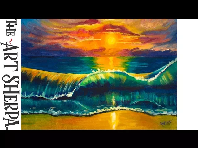 How to paint a Tropical beach Wave at Sunset Beginner Acrylic Painting | TheArtSherpa