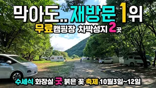 평창 바위공원 유동둔치 최고 7성급 무료 캠핑장과 황제 차박 강변노지 2곳, 붉은 꽃 축제 10월3일~12일,  음수대 수세식 화장실, 재방문 1위 차박지, 썸네일