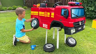 مفاجأة للمكس أطفال فتح لعبة النار محرك شاحنة مع أبي 