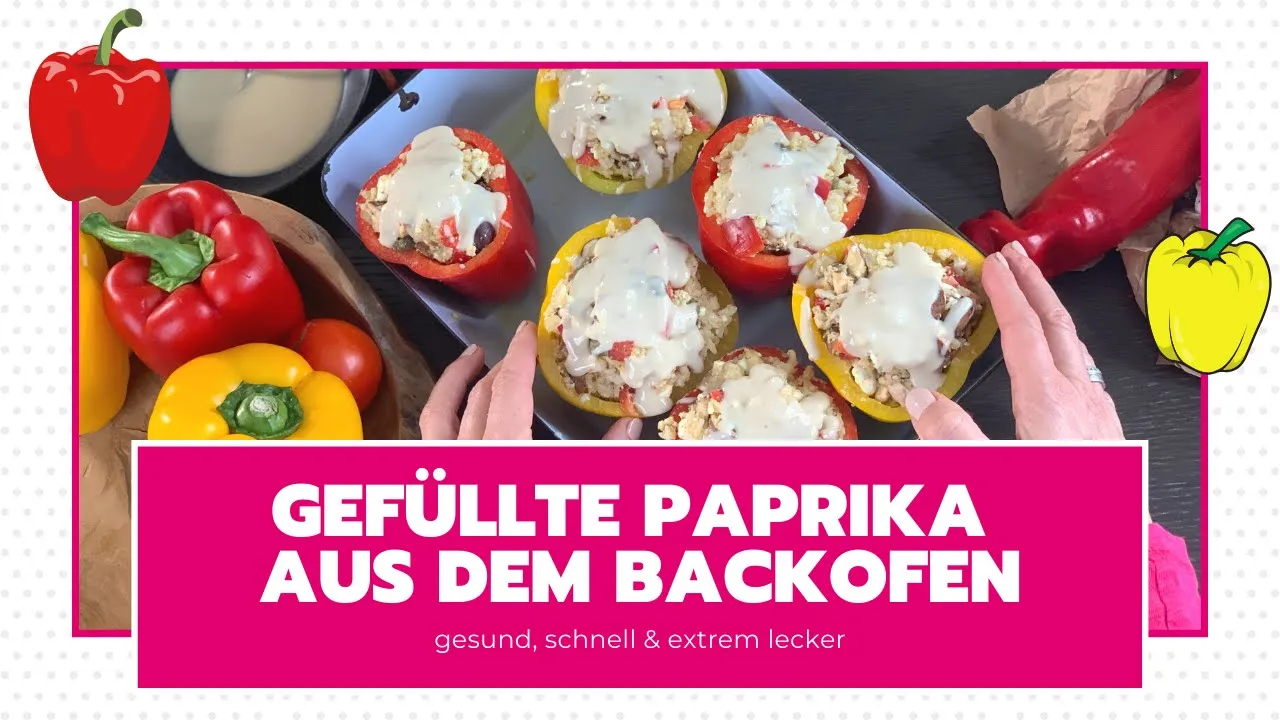 Gefüllte, überbackene Paprika mit Kartoffeln und Reis – Ofengericht - vegetarisch. 