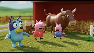 BLUEY e Peppa Pig Fugindo do Toro Valente | Simulação Brinquedos em Português