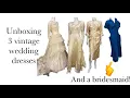 Lagu An unboxing video of vintage wedding dresses, a bridesmaid dress, hoop skirt and bridal cap