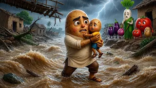 टाइटल:🌊 भयानक बाढ़ में फंसा गरीब आलू अपने बच्चे को बचाने निकला 😭💔 | सब्जियों का गांव तबाह