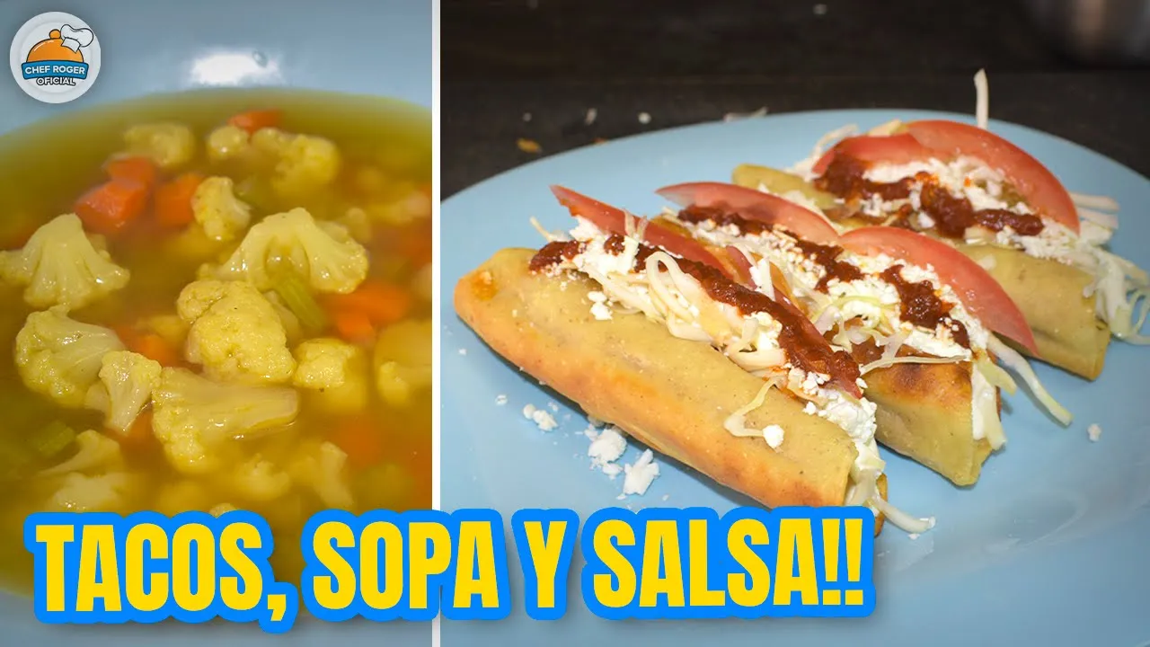 Men ECONOMICO, tacos con sopa y salsa. Comida completa