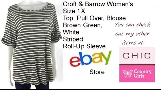 Croft Barrow Women s Size 1X Top Brown Green White Striped Roll Up Sleeve