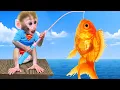 Download Lagu Monkey Baby Bon Bon go fishing and plays with Ducklings and puppy in the swimming pool