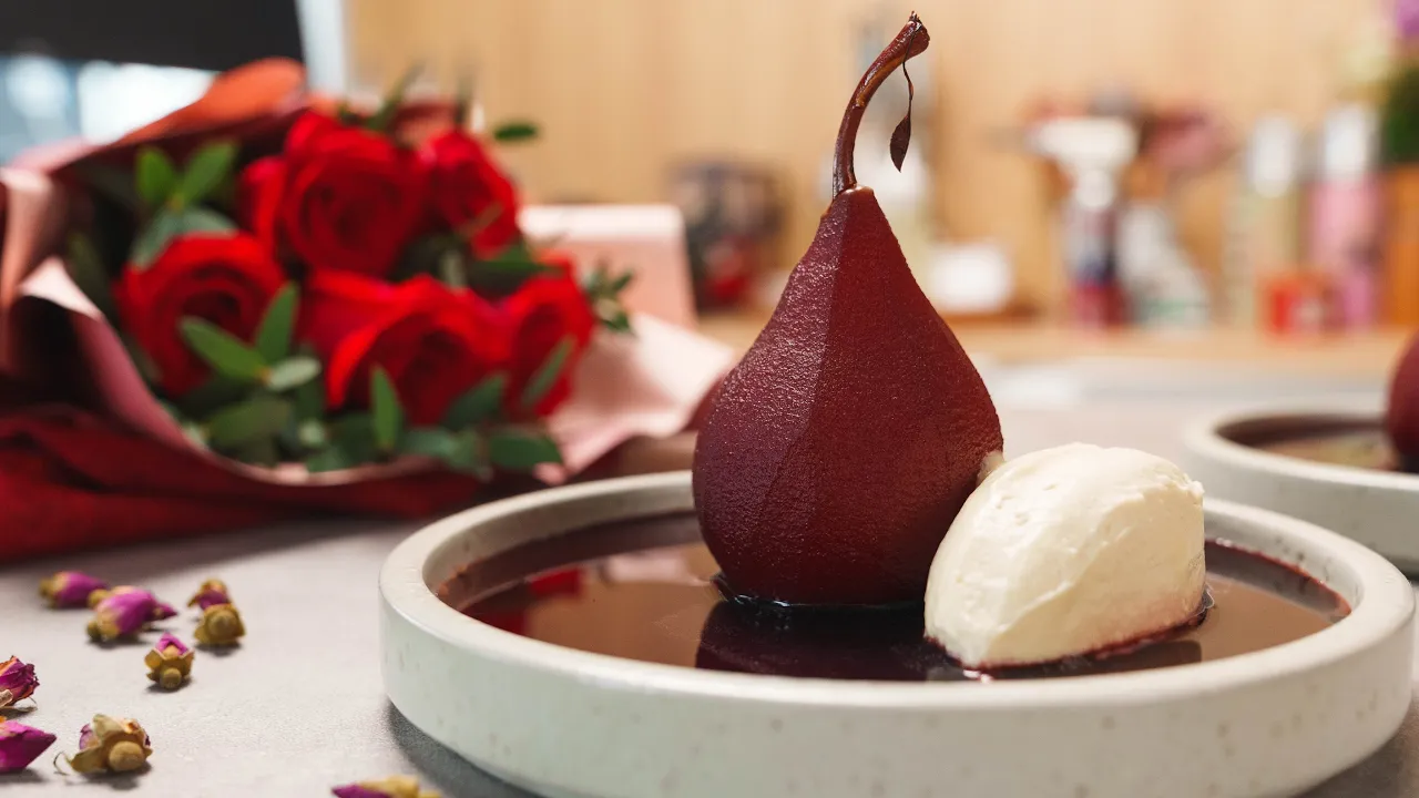 Rose Red Wine Poached Pear with Loquat Mascarpone