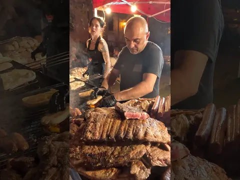 Big Roast, Beef and Sausages. Night Big Sandwiches. Italy Street Food