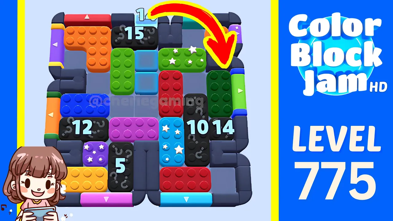 Color Block Jam Level 775 2:10 split board with 15-14-12-5-10-14 locks opening frame
